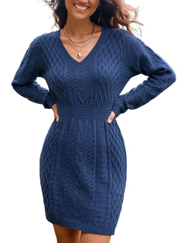 CUPSHE Damen Strickkleid V-Ausschnitt Langarm Pulloverkleid Gesmokte Taille Winter Elegant Sweater Knit Mini Dress Blau M von CUPSHE