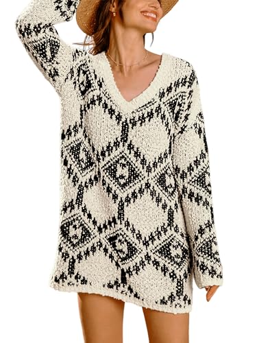 CUPSHE Damen Strickkleid V-Ausschnitt Langarm Pulloverkleid Grobstrick Winter Lässig Geometrie Sweater Knit Mini Dress Schwarz S von CUPSHE