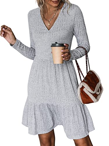 CUPSHE Damen Strickkleid V Ausschnitt Langarm Pulloverkleid Strickpulli Lässig Sweater Tunika Knit Mini Dress Grau L von CUPSHE