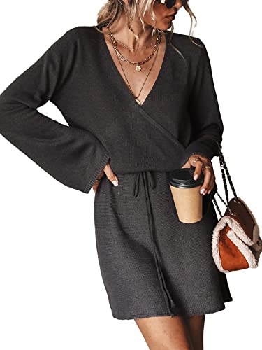 CUPSHE Damen Strickkleid Wickel V Ausschnitt Langarm Pulloverkleid Winterpullover Tunnelzug Lässig Sweater Knit Mini Dress Schwarz XL CUPSHE Damen Strickkleid Wickel V Ausschnitt Langarm Pulloverkleid Winterpullover Tunnelzug Lässig Sweater Knit Mini Dress Schwarz XL von CUPSHE