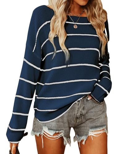 CUPSHE Damen Strickpullover Bootsausschnitt Langarm Gestreift Pulli Jumper Oberteile Tops Lässig Knit Sweater Blau L von CUPSHE