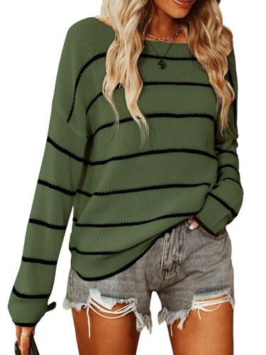 CUPSHE Damen Strickpullover Bootsausschnitt Langarm Gestreift Pulli Jumper Oberteile Tops Lässig Knit Sweater Grün L von CUPSHE