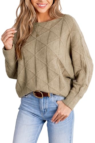 CUPSHE Damen Strickpullover Carmenausschnitt Langarm Dreiecksmuster 2024 Herbst Winter Feinstrick Pulli Oberteile Tops Lässig Knit Sweater Khaki XL von CUPSHE