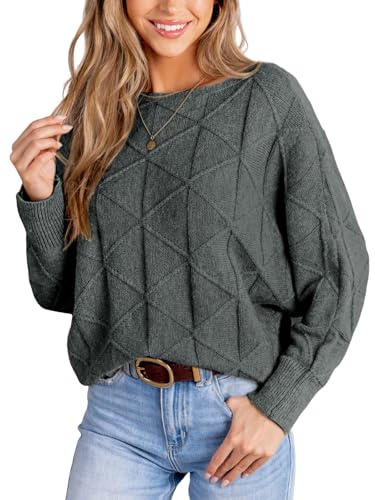 CUPSHE Damen Strickpullover Carmenausschnitt Langarm Dreiecksmuster 2024 Herbst Winter Feinstrick Pulli Oberteile Tops Lässig Knit Sweater Raumgrau XL von CUPSHE