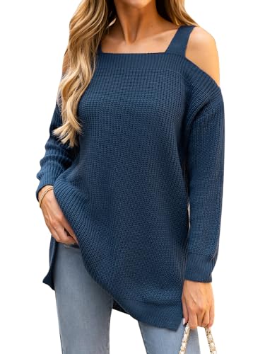 CUPSHE Damen Strickpullover Eckiger Ausschnitt Langarm Schulterfreier Pulli Feinstrick Cold Shoulder Oberteil Tops Oversize Knit Sweater Blau M von CUPSHE