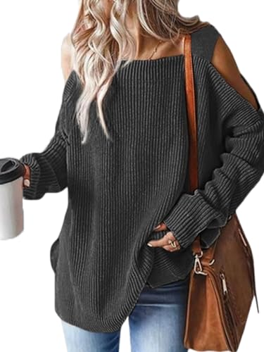 CUPSHE Damen Strickpullover Eckiger Ausschnitt Langarm Schulterfreier Pulli Feinstrick Cold Shoulder Oberteil Tops Oversize Knit Sweater Grau L von CUPSHE