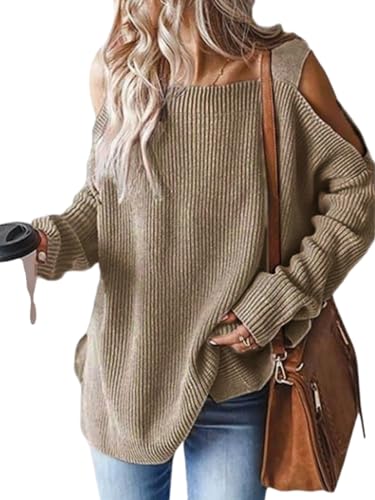 CUPSHE Damen Strickpullover Eckiger Ausschnitt Langarm Schulterfreier Pulli Feinstrick Cold Shoulder Oberteil Tops Oversize Knit Sweater Khaki L von CUPSHE