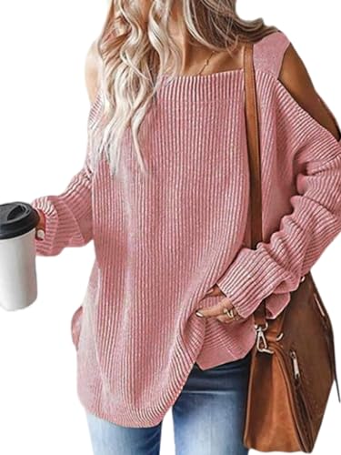 CUPSHE Damen Strickpullover Eckiger Ausschnitt Langarm Schulterfreier Pulli Feinstrick Cold Shoulder Oberteil Tops Oversize Knit Sweater Rosa L von CUPSHE