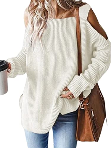 CUPSHE Damen Strickpullover Karrée Ausschnitt Langarm Seitenschlitz Feinstrick Pulli Oversized Schulterfreies Oberteil Top Beige M von CUPSHE