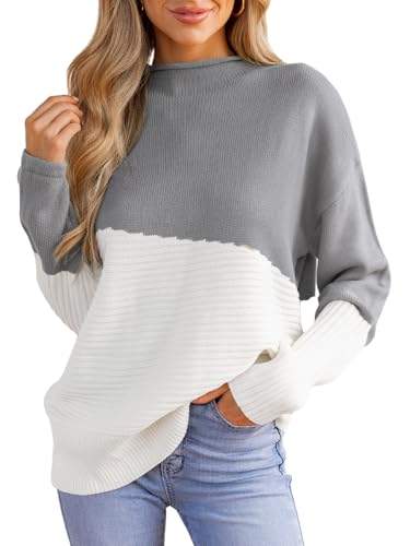 CUPSHE Damen Strickpullover Mock Neck Langarm Farbblock Feinstrick Pulli Herbst Winter Oberteile Tops Lässig Knit Sweater Grau M CUPSHE Damen Strickpullover Mock Neck Langarm Farbblock Feinstrick Pulli Herbst Winter Oberteile Tops Lässig Knit Sweater Grau M von CUPSHE