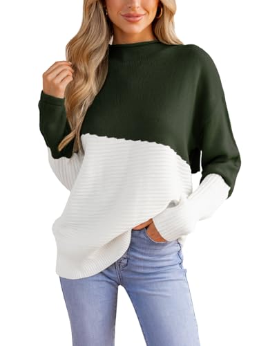 CUPSHE Damen Strickpullover Mock Neck Langarm Farbblock Feinstrick Pulli Herbst Winter Oberteile Tops Lässig Knit Sweater Grün S von CUPSHE