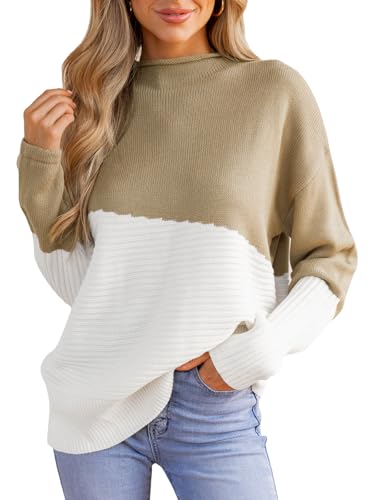 CUPSHE Damen Strickpullover Mock Neck Langarm Farbblock Feinstrick Pulli Herbst Winter Oberteile Tops Lässig Knit Sweater Khaki XL von CUPSHE