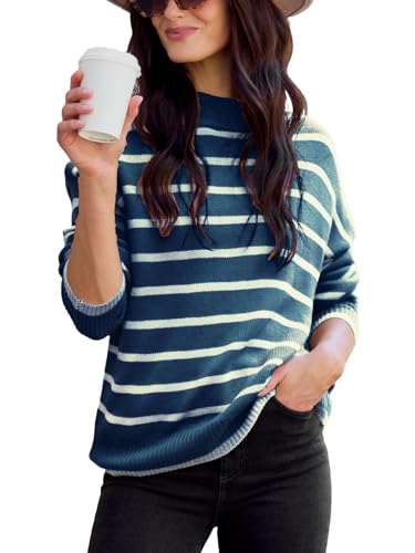 CUPSHE Damen Strickpullover Mock Neck Langarm Streifenmuster Feinstrick Pulli Unterziehpullover Oberteile Tops Lässig Knit Sweater Blau XL von CUPSHE