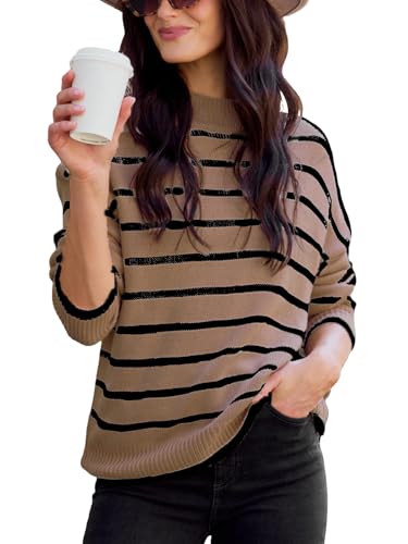 CUPSHE Damen Strickpullover Mock Neck Langarm Streifenmuster Feinstrick Pulli Unterziehpullover Oberteile Tops Lässig Knit Sweater Braun XL von CUPSHE
