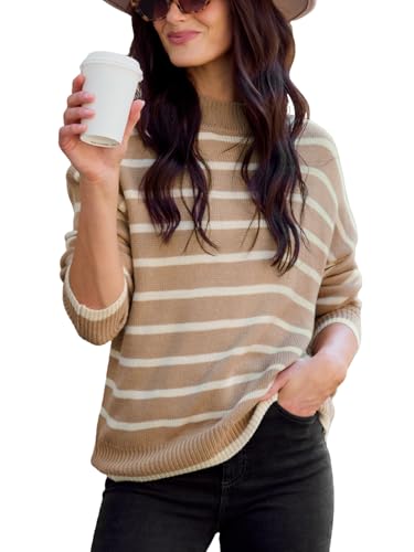 CUPSHE Damen Strickpullover Mock Neck Langarm Streifenmuster Feinstrick Pulli Unterziehpullover Oberteile Tops Lässig Knit Sweater Sand XL von CUPSHE