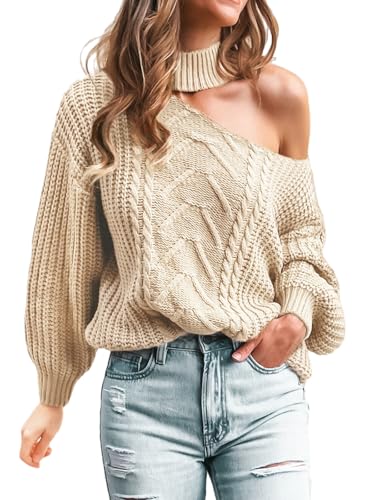 CUPSHE Damen Strickpullover Mock Neck One Shoulder Langarm Zopfmuster Grobstrick Schulterfreier Pulli Oberteile Tops Lässig Knit Sweater Beige XL von CUPSHE