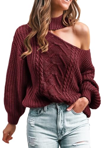 CUPSHE Damen Strickpullover Mock Neck One Shoulder Langarm Zopfmuster Grobstrick Schulterfreier Pulli Oberteile Tops Lässig Knit Sweater Burgunderfarben XS von CUPSHE