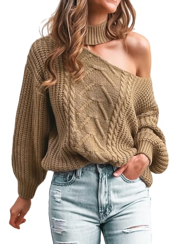 CUPSHE Damen Strickpullover Mock Neck One Shoulder Langarm Zopfmuster Grobstrick Schulterfreier Pulli Oberteile Tops Lässig Knit Sweater Sand XL CUPSHE Damen Strickpullover Mock Neck One Shoulder Langarm Zopfmuster Grobstrick Schulterfreier Pulli Oberteile Tops Lässig Knit Sweater Sand XL von CUPSHE
