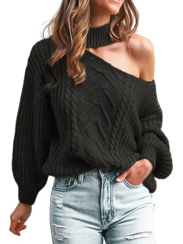 CUPSHE Damen Strickpullover Mock Neck One Shoulder Langarm Zopfmuster Grobstrick Schulterfreier Pulli Oberteile Tops Lässig Knit Sweater Schwarz L CUPSHE Damen Strickpullover Mock Neck One Shoulder Langarm Zopfmuster Grobstrick Schulterfreier Pulli Oberteile Tops Lässig Knit Sweater Schwarz L von CUPSHE