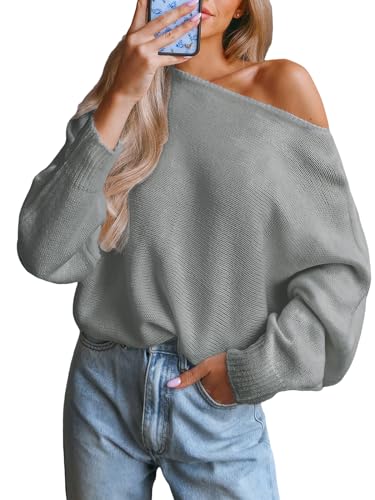 CUPSHE Damen Strickpullover One Shoulder Fledermausärmel Feinstrick Schulterfreier Pulli Oberteile Tops Casual Knit Sweater Grau L von CUPSHE