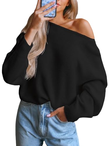 CUPSHE Damen Strickpullover One Shoulder Fledermausärmel Feinstrick Schulterfreier Pulli Oberteile Tops Casual Off Shoulder Knit Sweater Schwarz XL von CUPSHE