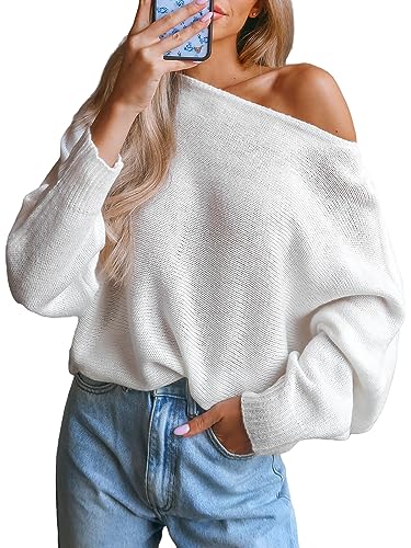 CUPSHE Damen Strickpullover One Shoulder Fledermausärmel Feinstrick Schulterfreier Pulli Oberteile Tops Casual Off Shoulder Knit Sweater Weiß M von CUPSHE