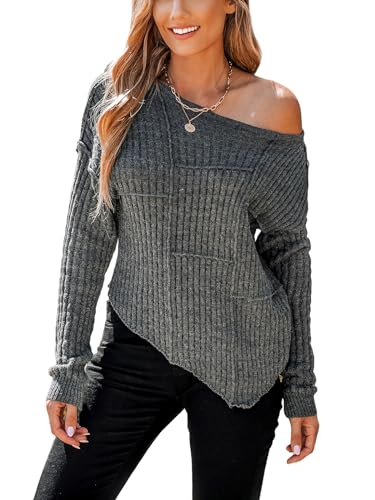 CUPSHE Damen Strickpullover One Shoulder Langarm Asymmetrisch Rippenstrick Schulterfreier Pulli Oberteile Tops Casual Knit Sweater Dunkelgrau M von CUPSHE