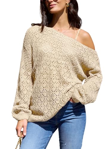 CUPSHE Damen Strickpullover One Shoulder Langarm Lochmuster Feinstrick Schulterfreier Pulli Oberteile Tops Casual Knit Sweater Beige L von CUPSHE