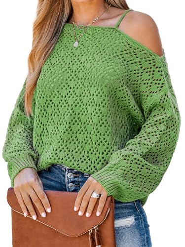 CUPSHE Damen Strickpullover One Shoulder Langarm Lochmuster Feinstrick Schulterfreier Pulli Oberteile Tops Casual Knit Sweater Grün XS von CUPSHE