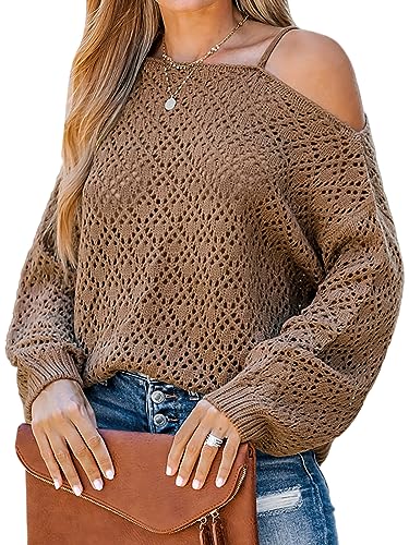 CUPSHE Damen Strickpullover One Shoulder Langarm Lochmuster Feinstrick Schulterfreier Pulli Oberteile Tops Casual Knit Sweater Kaffee M von CUPSHE