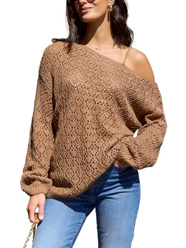 CUPSHE Damen Strickpullover One Shoulder Langarm Lochmuster Feinstrick Schulterfreier Pulli Oberteile Tops Casual Knit Sweater Kaffee M von CUPSHE