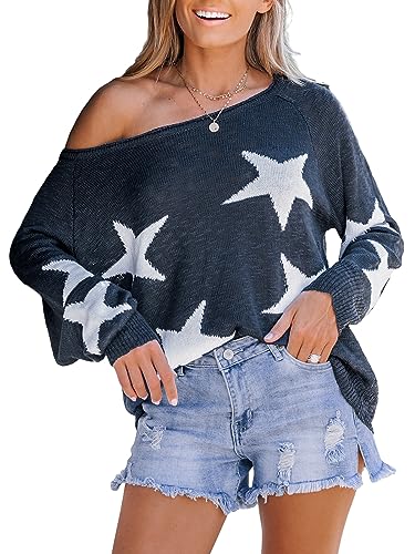 CUPSHE Damen Strickpullover One Shoulder Langarm Sternmuster Feinstrick Schulterfreier Pulli Oberteile Tops Casual Knit Sweater Marine L von CUPSHE