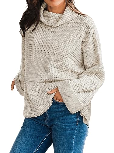 CUPSHE Damen Strickpullover Rollkragen Langarm Grobstrick Pulli Oberteile Tops Lässig Waffle Knit Sweater Beige XL von CUPSHE