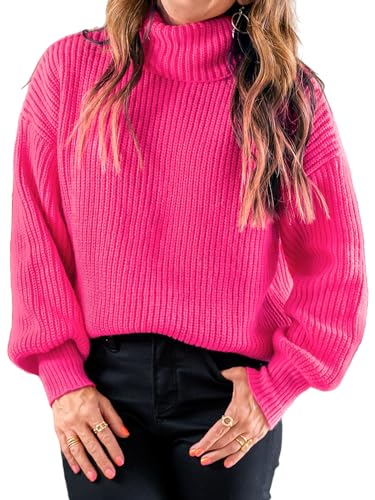 CUPSHE Damen Strickpullover Rollkragen Puffärmel Feinstrick Pulli Oberteile Tops Lässig Knit Sweater Neonpink L von CUPSHE