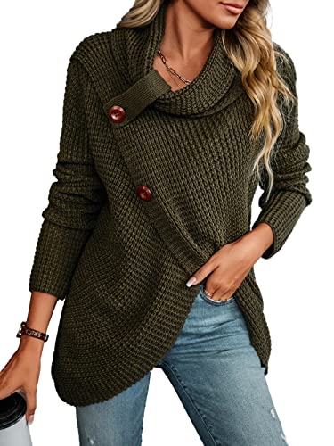 CUPSHE Damen Strickpullover Rollkragenpullover Wickeloptik Knöpfen Langarm Grobstrick Pulli Jumper Oberteile Tops Lässig Knit Sweater Armee Grün S von CUPSHE