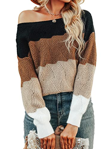 CUPSHE Damen Strickpullover Rundhals Colorblock Blättermuster Feinstrick Pulli Jumper Oberteile Tops Lässig Knit Sweater Mehrfarbig M von CUPSHE