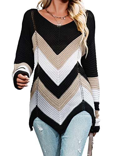 CUPSHE Damen Strickpullover Rundhals Colorblock Lochmuster Feinstrick Asymmetrischer Pulli Jumper Oberteile Tops Knit Sweater Schwarz L von CUPSHE