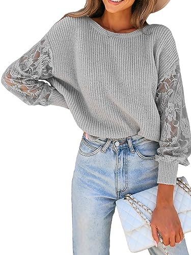 CUPSHE Damen Strickpullover Rundhals Floral Spitze Langarm Twist Rückenfrei Rippenstrick Pulli Oberteile Tops Casual Knit Sweater Grau XL von CUPSHE