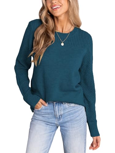 CUPSHE Damen Strickpullover Rundhals Gehäkelter Langarmpulli 2024 Herbst Winter Feinstrick Pullover Oberteile Tops Lässig Knit Sweater Blau M von CUPSHE