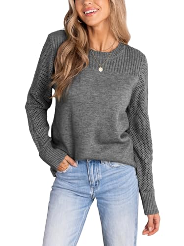 CUPSHE Damen Strickpullover Rundhals Gehäkelter Langarmpulli 2024 Herbst Winter Feinstrick Pullover Oberteile Tops Lässig Knit Sweater Hellgrau XL von CUPSHE