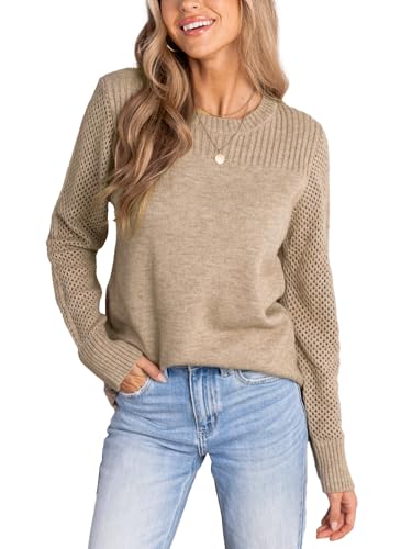 CUPSHE Damen Strickpullover Rundhals Gehäkelter Langarmpulli 2024 Herbst Winter Feinstrick Pullover Oberteile Tops Lässig Knit Sweater Khaki M von CUPSHE