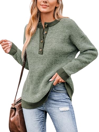 CUPSHE Damen Strickpullover Rundhals Halber Knopfleiste Langarm Meliert Feinstrick Pulli Oberteile Tops Lässig Knit Sweater Grün M von CUPSHE