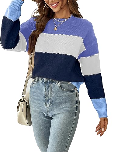 CUPSHE Damen Strickpullover Rundhals Langarm Farbblock Feinstrick Pulli Oberteile Tops Casual Knit Sweater Blau S von CUPSHE