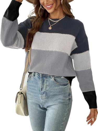 CUPSHE Damen Strickpullover Rundhals Langarm Farbblock Kontraststreifen Feinstrick Pulli Oberteile Tops Casual Knit Sweater Stahl M von CUPSHE