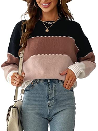 CUPSHE Damen Strickpullover Rundhals Langarm Farbblock Feinstrick Pulli Oberteile Tops Casual Knit Sweater Mehrfarbig L von CUPSHE