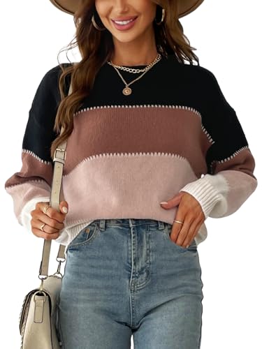 CUPSHE Damen Strickpullover Rundhalsausschnitt Langarm Streifen Farbblock Feinstrick Pullover Oberteile Tops Knit Sweater Mehrfarbig L von CUPSHE