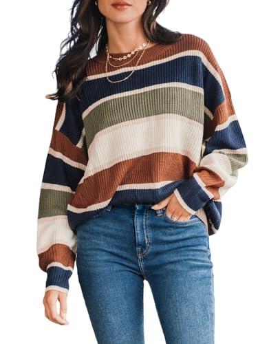 CUPSHE Damen Strickpullover Rundhals Langarm Farbblock Streifen Feinstrick Pulli Oberteile Tops Lässig Knit Sweater Braun L von CUPSHE