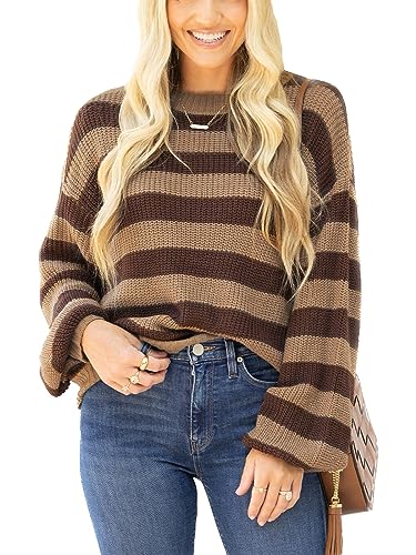 CUPSHE Damen Strickpullover Rundhals Langarm Feinstrick Gestreifter Pulli Oberteile Tops Lässig Knit Sweater Braun Gestreift L von CUPSHE