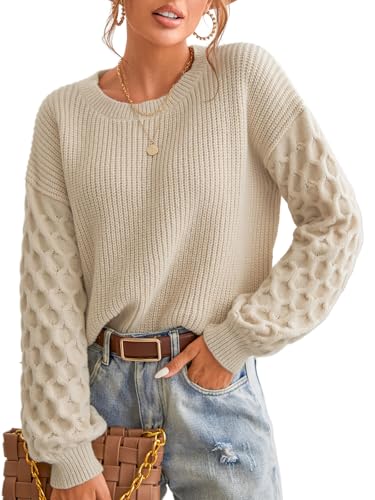 CUPSHE Damen Strickpullover Rundhals Langarm Feinstrick Pulli Jumper Oberteile Tops Honeycomb Knit Sweater Beige S von CUPSHE