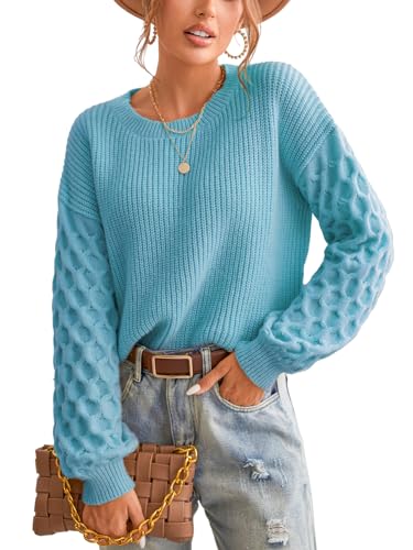 CUPSHE Damen Strickpullover Rundhals Langarm Feinstrick Pulli Jumper Oberteile Tops Honeycomb Knit Sweater Blau M von CUPSHE